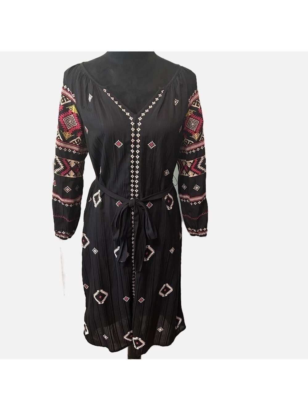 Anthropologie Akemi+Kin Embroidered Midi Dress XS Black Geometric Striped Belt